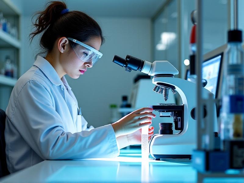 A laboratory technician testing a sample of fungal material using advanced equipment. The image shows a controlled environment with precise instruments, emphasizing the scientific rigor involved in studying fungal materials.