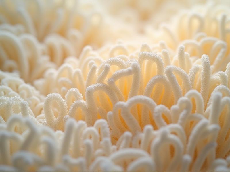 A close-up photograph of a mycelium insulation panel, showcasing its porous, organic texture. The image highlights the material’s lightweight structure and natural appearance, with soft white and beige tones. The background includes a laboratory setting with tools and equipment used for testing insulation materials.