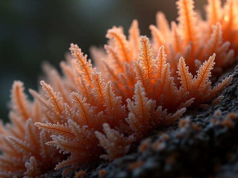 A detailed microscopic view of mycelium hyphae intertwined with wood fibers, illustrating the natural binding process that enhances fire resistance. The image is captured in a dark, moody setting with a focus on the intricate details of the fungal network.