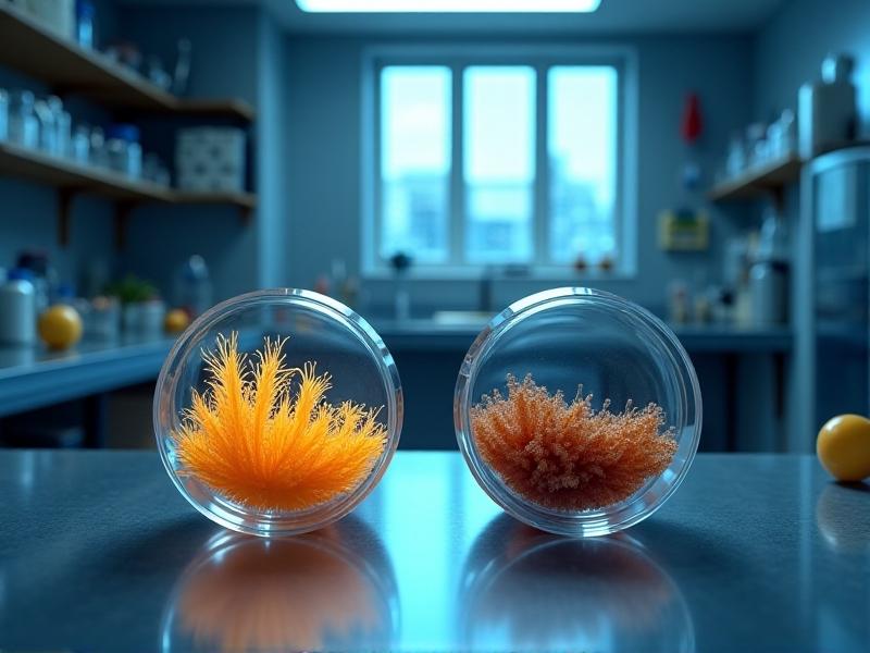 A laboratory setting with petri dishes containing mycelium cultures, one healthy and one contaminated, side by side, under bright fluorescent lighting to emphasize the contrast.
