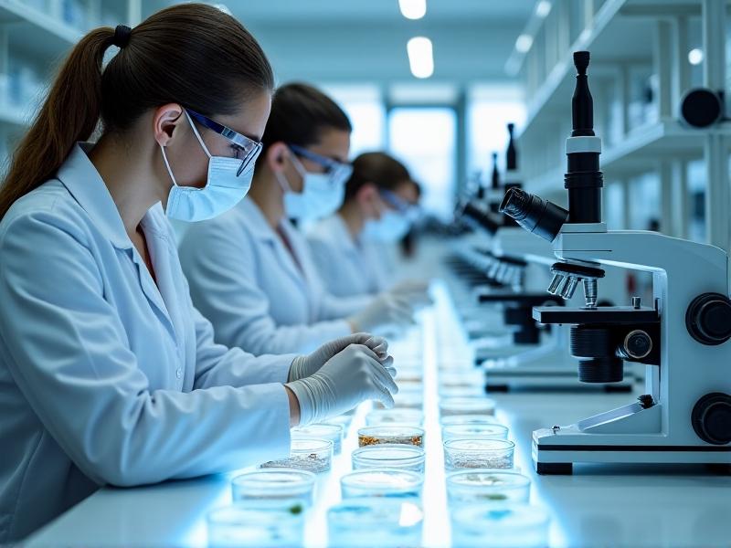 A laboratory setting with scientists examining fungal insulation samples under microscopes. The image features sterile, white countertops, and advanced lab equipment, with soft, fluorescent lighting. The scientists are wearing protective gear, emphasizing the precision and care involved in developing mold-resistant materials. The fungal samples are displayed in petri dishes, showcasing their intricate, organic patterns.