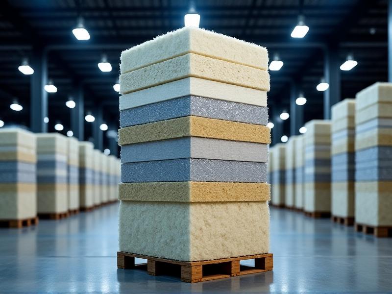 A stack of conventional insulation materials including fiberglass batts, foam boards, and mineral wool rolls, displayed in a warehouse with industrial lighting and a neutral color palette.
