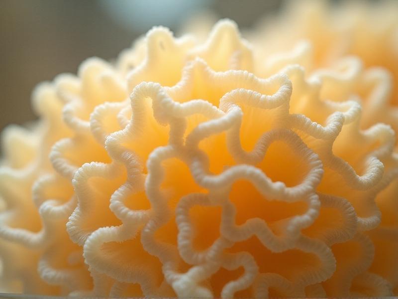 A close-up view of mycelium growing on agricultural waste in a laboratory setting. The image shows the intricate, web-like structure of mycelium in shades of white and beige, with a focus on the organic texture and the controlled environment with soft, diffused lighting.
