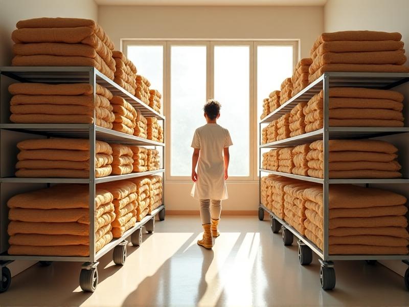 An indoor drying room equipped with a modern dehumidifier, where homegrown insulation materials are neatly arranged on metal racks. The room has a clean, industrial look with white walls and bright LED lighting, highlighting the efficiency and control of the drying process.
