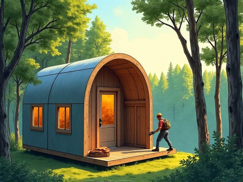 A cozy, off-grid tiny home nestled in a forest clearing, with myco-insulation panels being installed on the exterior walls. The image emphasizes harmony with nature and the practical benefits of sustainable insulation.