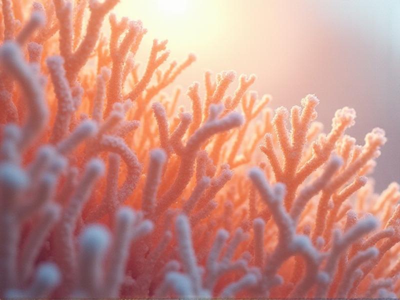 A microscopic view of hyphae, the thread-like structures of mycelium, displaying their intricate branching patterns under high magnification, with a white background and soft lighting.