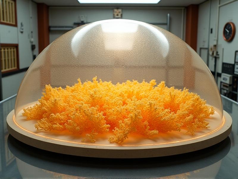 A mycelium board being dried in a controlled environment, with warm air circulating around it, showing the gradual reduction in moisture and the board's transformation into a more rigid and stable form.
