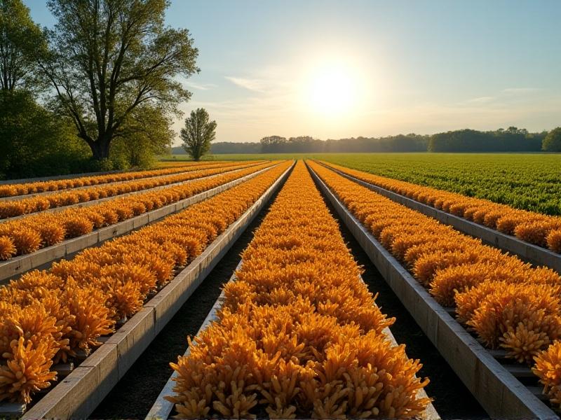 An outdoor drying area with rows of homegrown insulation materials laid out on wooden racks under a bright, sunny sky. The materials are arranged to maximize exposure to sunlight and wind, with a lush green field and clear blue sky in the background, emphasizing a sustainable and natural drying process.
