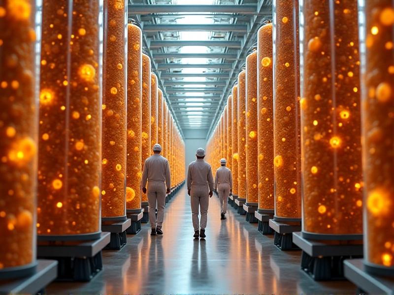An industrial-scale myco-insulation production facility, with rows of large, cylindrical growth chambers under bright, artificial lighting. Workers in protective gear monitor the process, highlighting the scale and complexity of mass-producing myco-insulation materials.