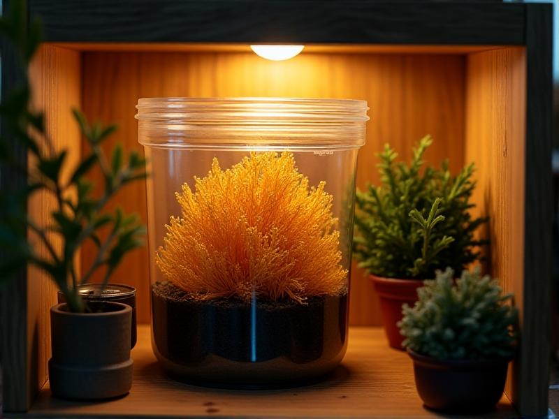 A DIY humidity chamber setup, featuring a transparent plastic container with mycelium cultures inside. The chamber is equipped with a hygrometer and a small humidifier, surrounded by soft, ambient lighting that highlights the controlled environment.