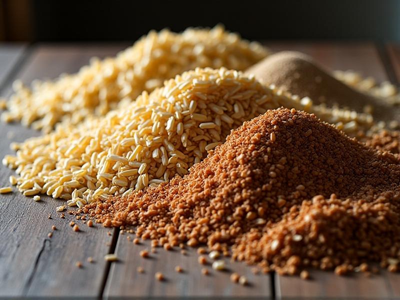 A variety of substrates arranged neatly on a wooden table, including straw, sawdust, and wood chips, with a focus on texture and natural tones under bright, even lighting.