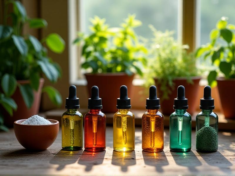 A collection of natural repellents, including bottles of essential oils and a jar of diatomaceous earth, arranged on a wooden table. The image has soft, natural lighting, highlighting the eco-friendly and organic nature of the products.