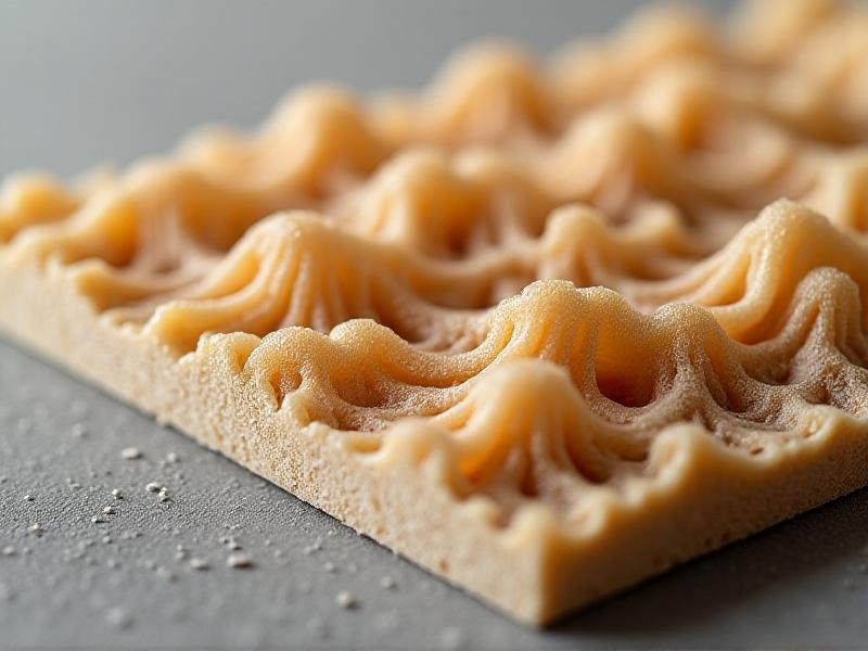 Close-up of myco-insulation material, showcasing its textured, organic surface with earthy tones of brown and beige. The image emphasizes the sustainable and natural qualities of the material with a clean, modern aesthetic.