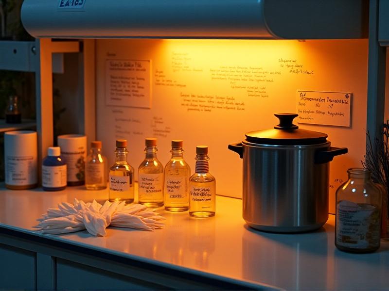 A neatly arranged workspace featuring a pressure cooker, bottles of isopropyl alcohol, sterile gloves, and a laminar flow hood, with warm lighting creating a professional and organized atmosphere.