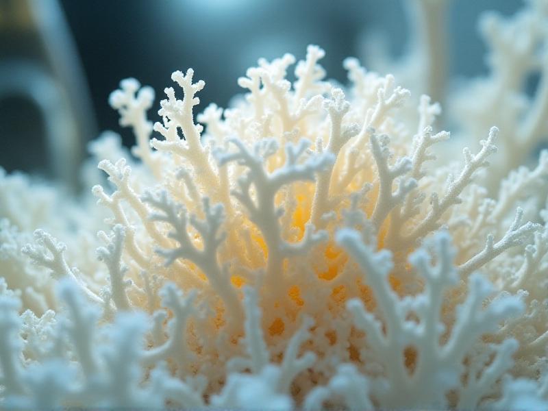 Close-up of mycelium growing in a lab setting, showing intricate white fibrous structures in a controlled environment with soft lighting and scientific equipment in the background.