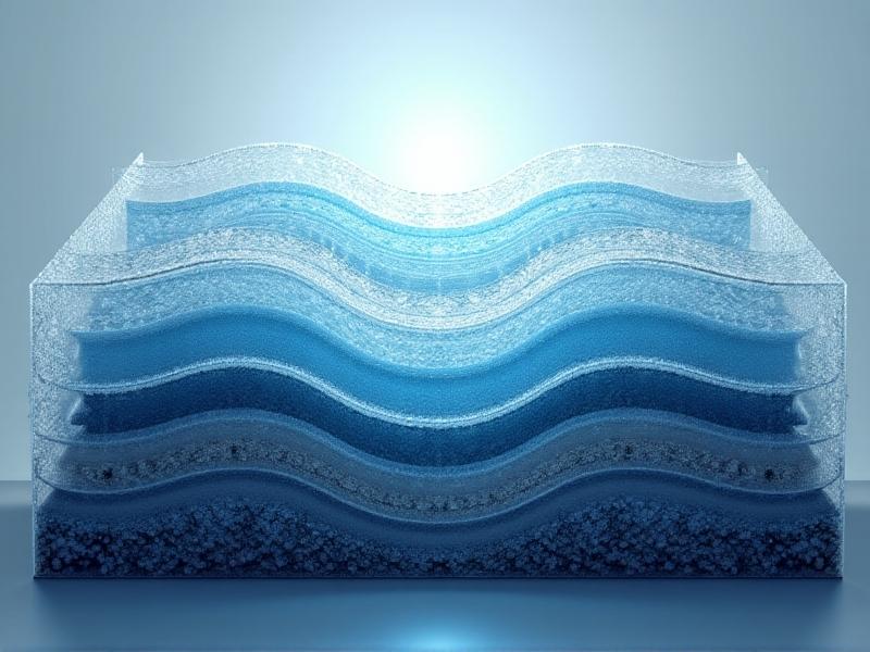 A schematic diagram of a moisture-wicking myco-insulation system, detailing breathable barriers, hydrophobic coatings, and drainage channels. The image uses a clean, technical style with blue and gray tones to represent moisture control elements, contrasting with the earthy colors of the mycelium. Soft lighting highlights the intricate design, emphasizing its functionality and innovation.