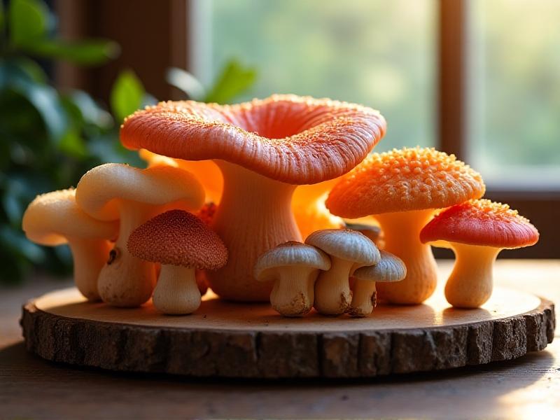 A colorful assortment of mushroom species, including Reishi, Shiitake, and Oyster mushrooms, displayed on a wooden table. Each mushroom is showcased in its natural form, highlighting their unique shapes, colors, and textures.