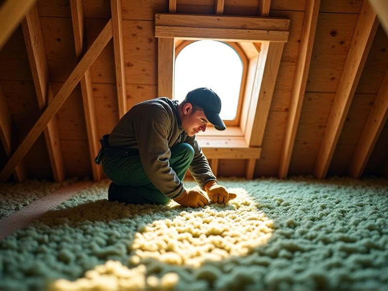 A worker installing eco-friendly insulation material in the attic of a modest home, with natural light streaming through a small window. The image highlights the process of insulation with a warm, hopeful tone and vibrant colors.