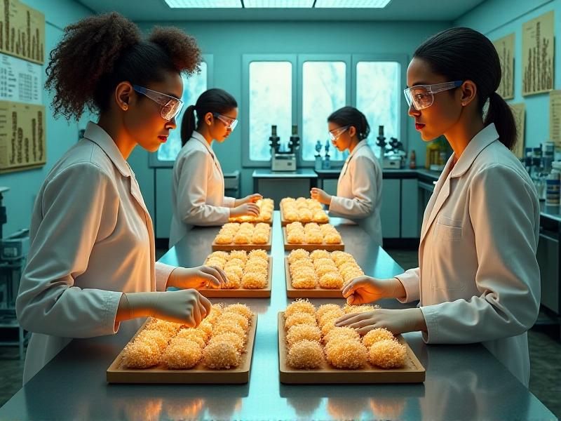 A laboratory setting with scientists examining trays of mycelium growing on organic substrates. The image highlights the scientific process behind myco-insulation, with a focus on innovation and sustainability.