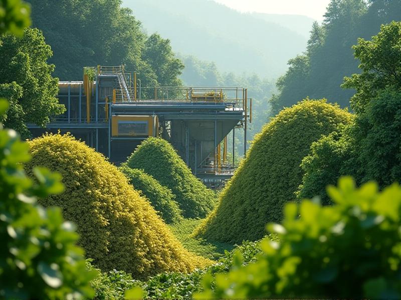 A detailed photograph of a composting facility with piles of mycelium insulation waste being processed, surrounded by lush greenery and workers in protective gear, capturing the industrial yet eco-conscious atmosphere of sustainable waste management.