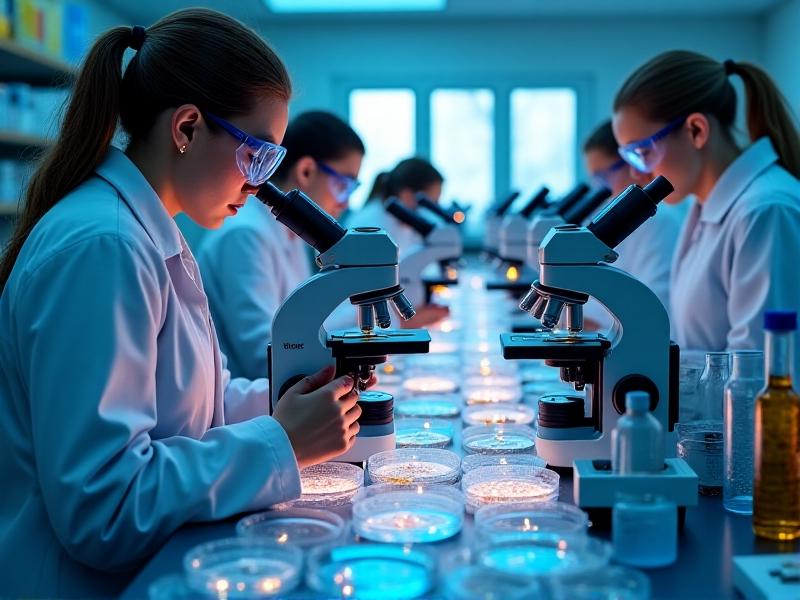 A laboratory setting with scientists examining mycelium cultures under microscopes, surrounded by petri dishes and equipment, emphasizing the research and development process of myco-materials.