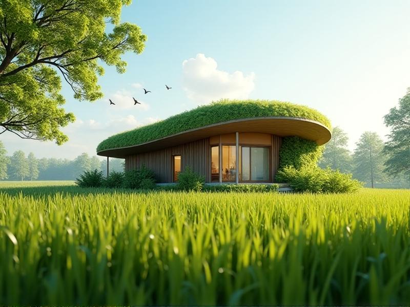 A lush green field with mushroom-based insulation panels being installed in a small eco-friendly home. The image emphasizes the harmony between nature and sustainable architecture, with vibrant green grass, clear blue skies, and the earthy tones of the insulation panels.