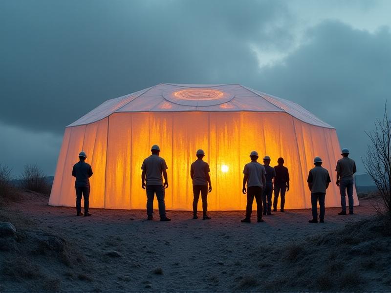 A temporary shelter constructed using fungal insulation panels, set against a backdrop of a disaster-stricken area with volunteers working to assemble the structure under a cloudy sky.