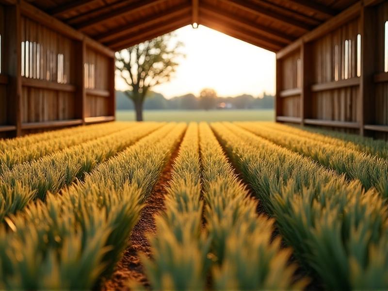 Rows of hemp fibers laid out in a well-ventilated drying shed, with soft sunlight streaming through wooden slats. The image highlights the meticulous arrangement of fibers and the importance of controlled curing conditions.