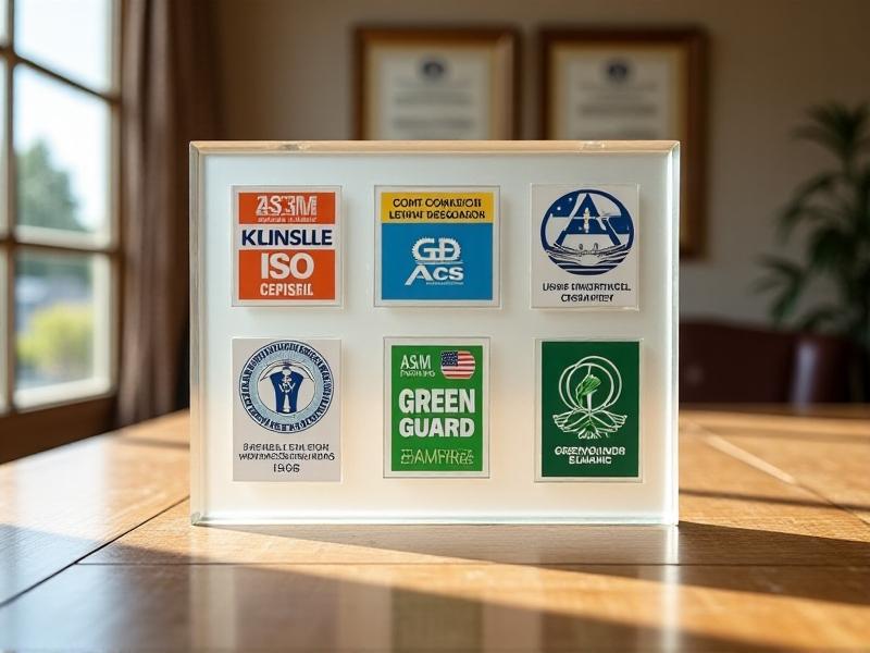 A collage of certification labels, including ASTM, ISO, GREENGUARD, and Cradle to Cradle logos, displayed on a wooden table. The labels are vibrant and distinct, with clean typography and bold colors. Soft, natural lighting creates a professional and trustworthy atmosphere, emphasizing the importance of these certifications in the construction industry.