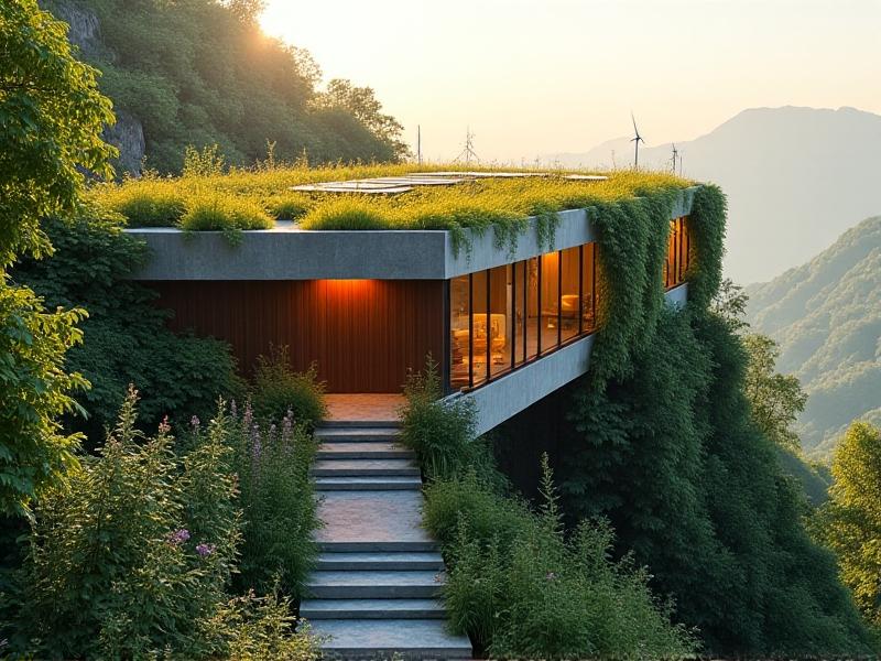 A vibrant image of a completed eco-friendly building with a green roof, surrounded by lush vegetation, showcasing the use of affordable and sustainable substrate materials in modern construction.