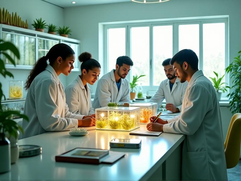 An eco-friendly laboratory setup with researchers working on fungal-treated materials, highlighting the sustainable and innovative approach to fire safety. The image features a bright, clean environment with green accents, emphasizing the natural and eco-conscious nature of fungal treatments.