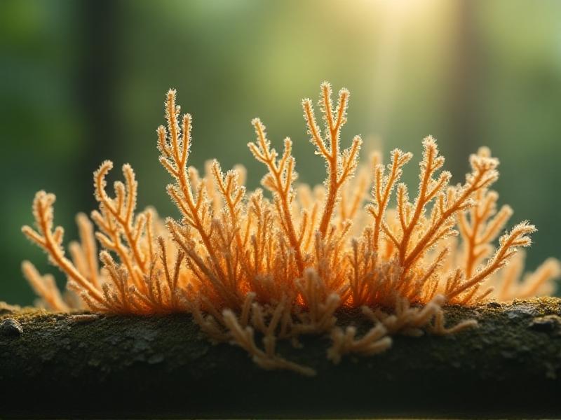 A time-lapse image of mycelium growing on a substrate, showing the gradual expansion of its fibrous network. The background is a muted green, with soft lighting that highlights the organic growth process. The image conveys the sustainable and natural aspects of mycelium production.