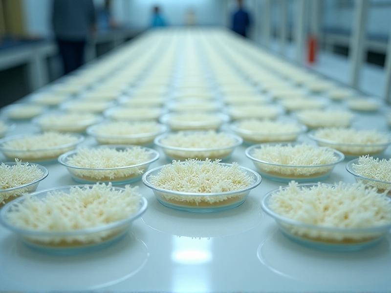 A laboratory setting where mycelium is grown on agricultural waste. The image shows petri dishes and trays filled with mycelium-covered substrates, under soft, sterile lighting. The scene conveys the scientific precision behind the process.