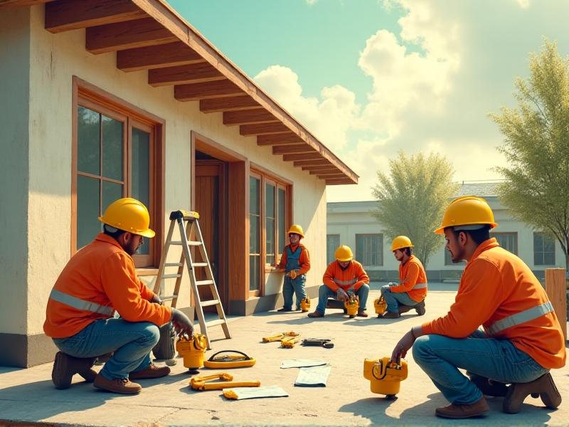 A construction site with workers installing traditional fiberglass insulation in a residential building. The setting is a bright, sunny day with tools and materials scattered around, emphasizing the practicality and common use of these materials.