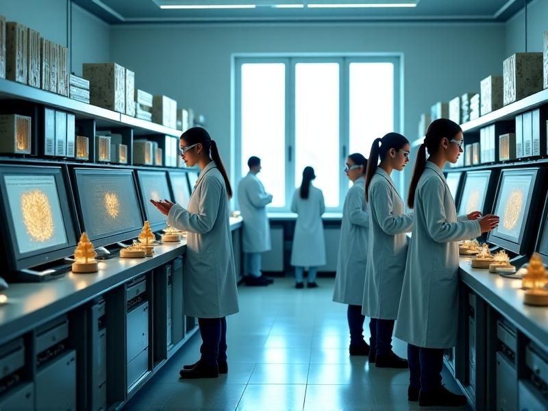 A laboratory setting where scientists are conducting radon permeability tests on mushroom-based wall samples. The image features advanced equipment, focused researchers, and a sterile, professional environment, emphasizing the scientific rigor of the process.