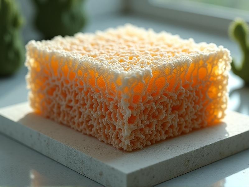 A cross-sectional view of a mycelium-based insulation panel, highlighting its layered structure and porous texture. The image is rendered in warm, earthy tones, with soft lighting that emphasizes the material's natural, organic qualities. The panel is shown in a laboratory setting, with tools and instruments in the background, indicating a scientific analysis of its thermal properties.