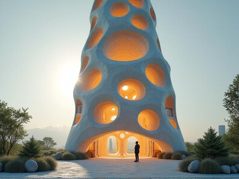 A striking architectural structure made entirely of mycelium bricks, showcasing the tower’s organic, curved design. The image captures the interplay of light and shadow on the textured surface, highlighting the innovative use of sustainable materials in modern architecture.
