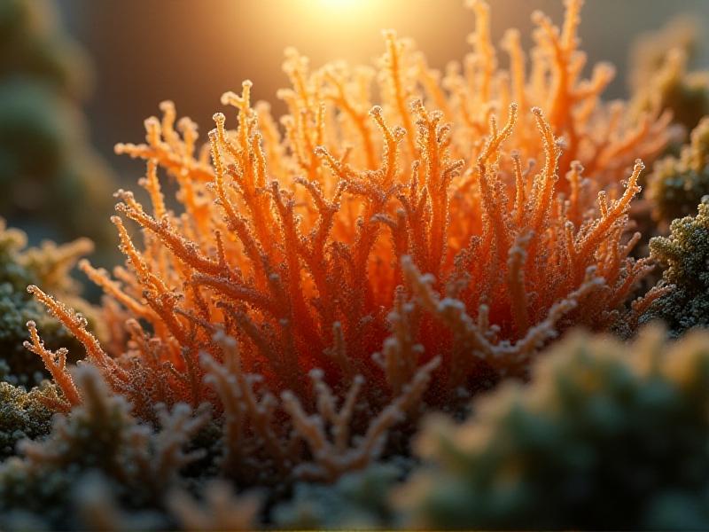 A close-up view of mycelium fibers under a microscope, revealing their intricate, web-like structure. The image is illuminated with soft, natural light, highlighting the organic texture and earthy tones of the material.