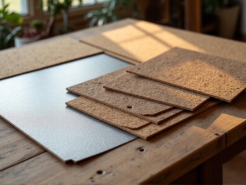 A collage of various moisture barrier materials, including Tyvek sheets, cork panels, and treated wood samples, arranged on a rustic wooden table. The image highlights the textures and colors of each material, with natural sunlight filtering through a nearby window.