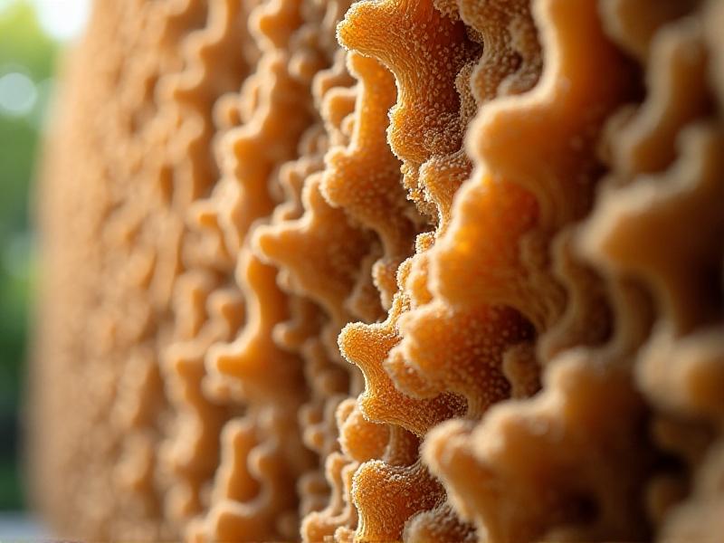 A close-up view of a mushroom-based wall system, showcasing the intricate, fibrous texture of mycelium intertwined with agricultural waste. The image features earthy tones and soft lighting, highlighting the organic and sustainable nature of the material.