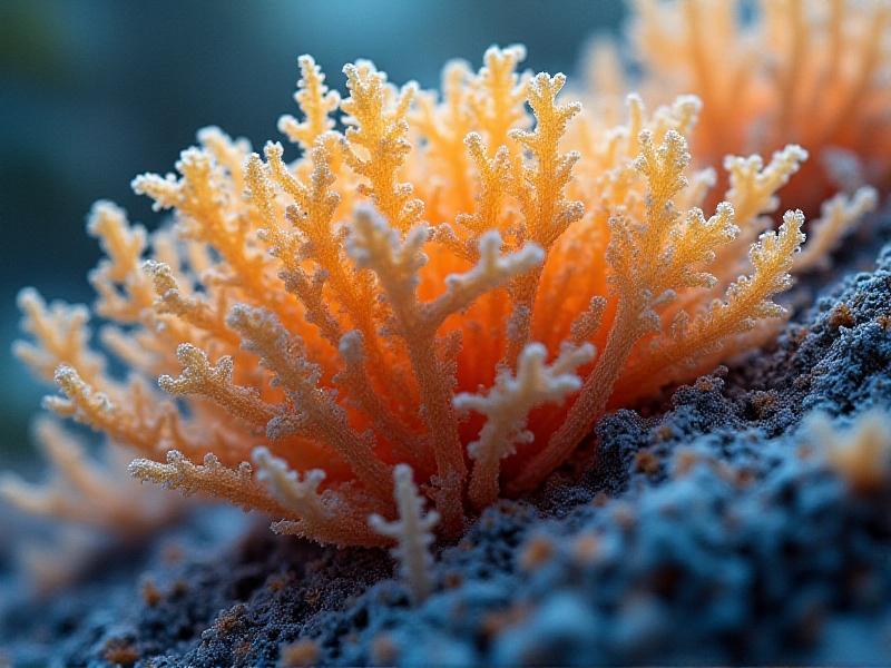 A microscopic view of mycelium hyphae, revealing the intricate, web-like structure of fungal material. The image is enhanced with vibrant colors to highlight the biological complexity and natural beauty of the material.