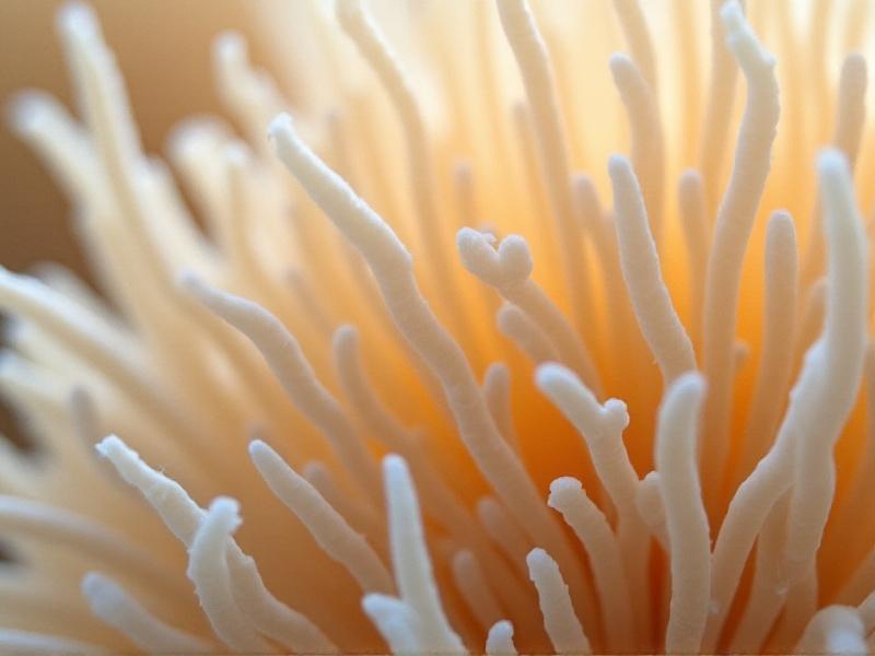 A close-up microscopic view of mushroom mycelium, showcasing the intricate network of hyphae in shades of white and beige. The detailed texture of the mycelium is highlighted, emphasizing its porous and fibrous nature.