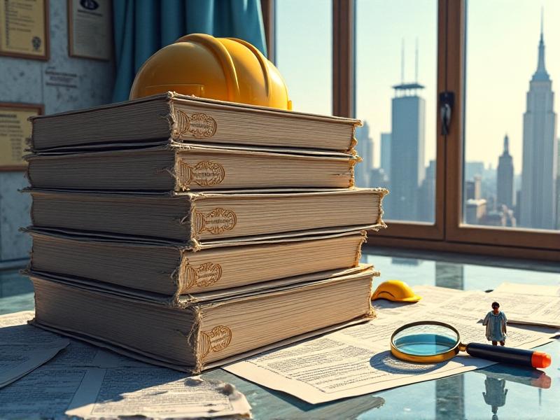 A stack of official building code documents with a magnifying glass resting on top, symbolizing the scrutiny and regulatory challenges faced by new construction materials.