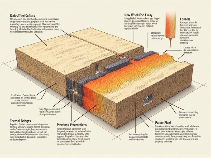 An illustration of common thermal bridging challenges in mycelium composite construction, focusing on junctions between panels and penetrations for building systems. The image uses a technical drawing style with annotations to explain heat flow and material interfaces.