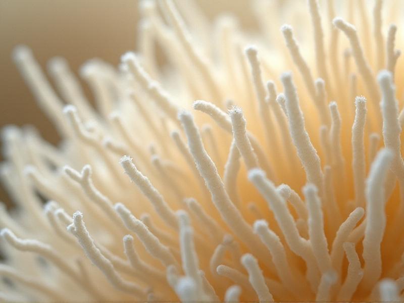 A detailed microscopic view of mycelium fibers, showcasing their intricate, web-like structure in shades of white and beige, with a soft focus background of a laboratory environment.