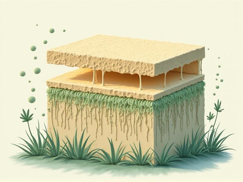 An illustrative diagram showing the layers of a fungal wall system, with a moisture barrier sandwiched between the mycelium material and the exterior surface. The diagram uses soft pastel colors and clear labels to explain the function of each layer.