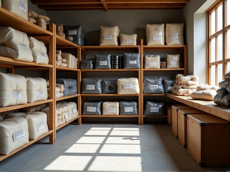 A well-organized storage area for homegrown insulation materials, featuring airtight containers and plastic-wrapped bundles. The materials are neatly labeled and arranged on shelves in a clean, dry workshop. The image emphasizes the importance of proper storage in preventing contamination.