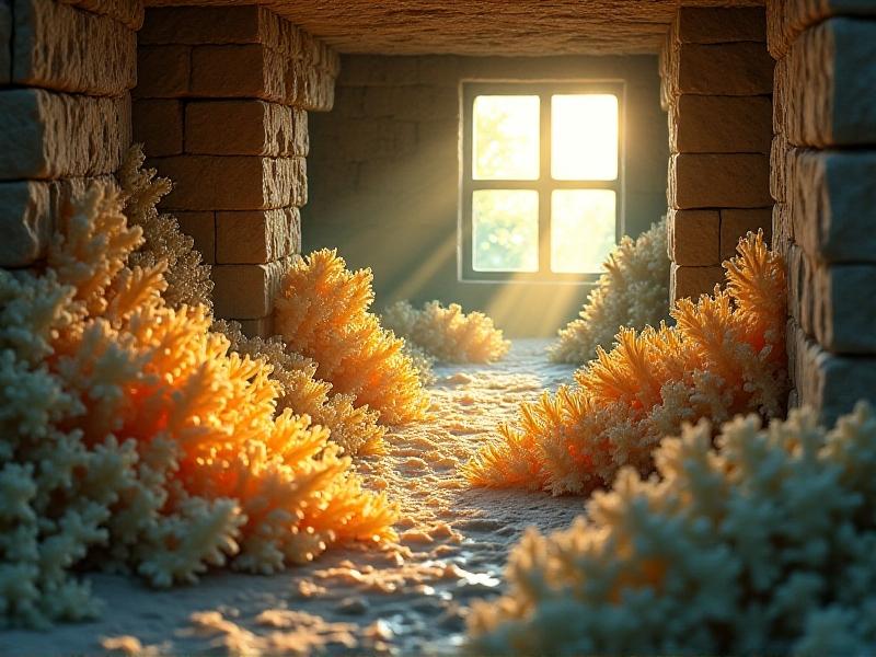 A detailed illustration of myco-insulation in a basement setting, showing the porous structure of mycelium and its interaction with moisture. The image features a warm, earthy color palette with subtle gradients of green and brown, highlighting the organic nature of the material. Natural light filters through a small basement window, casting soft shadows and enhancing the texture of the insulation.