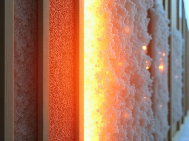 A detailed illustration of insulation materials in action. Fiberglass batts are shown installed in a wall, with heat waves indicating thermal resistance. Mycelium insulation is depicted in a test chamber, with sensors measuring its performance. The image conveys the scientific evaluation of both materials' insulation capabilities.