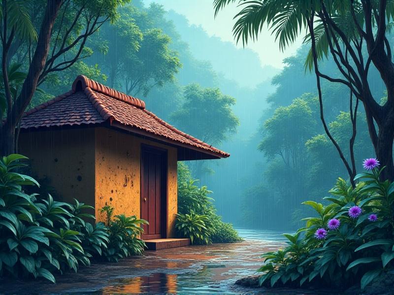 An illustration of a humid climate with heavy rainfall, lush vegetation, and high moisture levels. The image shows fungal insulation exposed to these conditions, with water droplets on its surface and a slight discoloration indicating moisture absorption. The mood is damp and tropical, highlighting the challenges faced by the material.